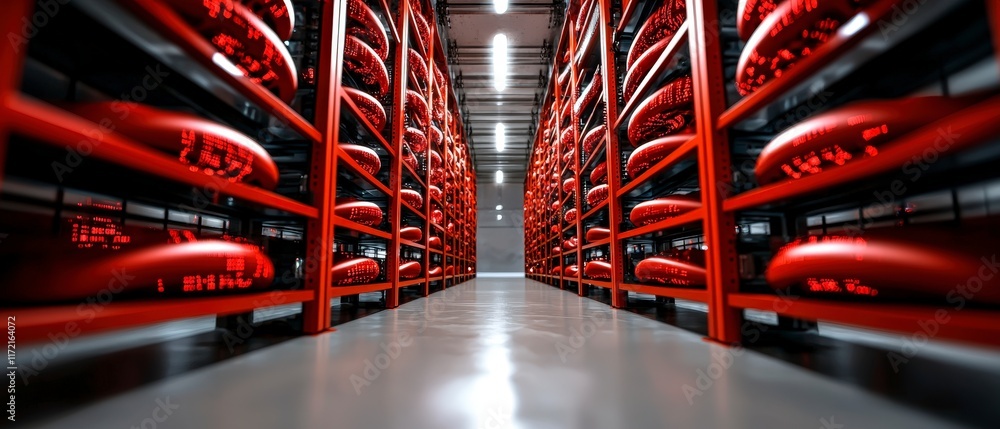 Poster modern data center rows of red servers in a high tech facility
