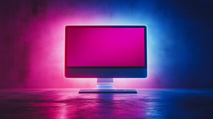 Computer Monitor in Neon Glow: A sleek, modern computer monitor bathed in vibrant pink and blue neon lights. The blank screen offers a blank canvas for your digital designs.