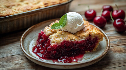 Warm cherry pie slice with vanilla ice cream and fresh mint garnish on rustic wooden table.