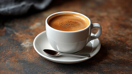 Fototapeta premium Freshly brewed espresso in white cup with saucer and spoon on rustic table.