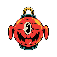 round lantern cartoon is sticking out his red tongue