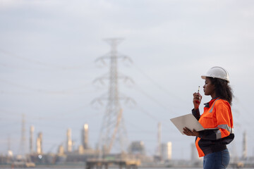 A female engineer wearing a white safety helmet and orange reflective jacket stands outdoors...