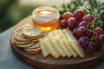 Assorted cheeses with honey grapes and nuts on a wooden board