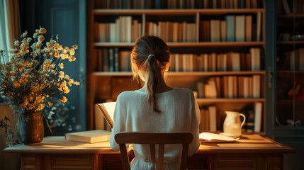 おしゃれなブックカフェで椅子に座って勉強をする女性の後ろ姿　図書館