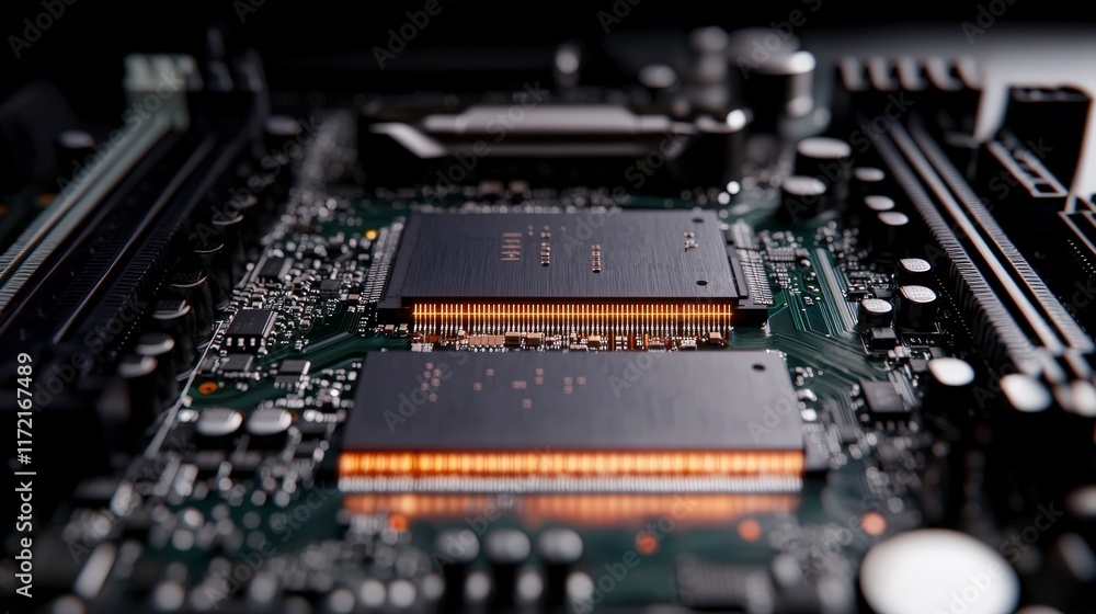 Poster High Tech Computer Motherboard Close Up CPU RAM and Circuitry Detail