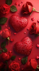 Two vibrant red hearts entwined with two lush red roses, set against a rich red background, embodying the essence of love and romance on Valentine's Day.