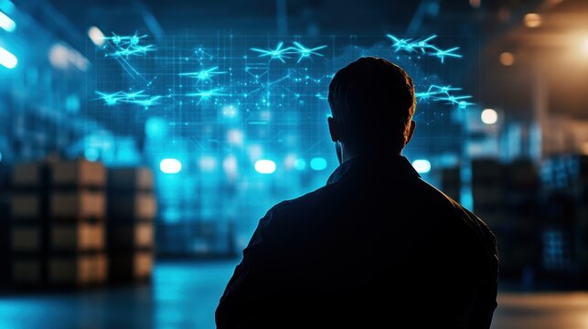 Warehouse innovation exploring drone technology in industrial spaces at night for future logistics solutions