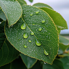 Dewy green leaf close-up, outdoor foliage background, nature backdrop