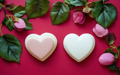 Obraz premium Two charming heart-shaped soaps rest on a soft pink surface, radiating love and warmth, perfect for a Valentine's Day gift or sweet treat.