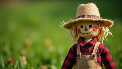 A cheerful scarecrow doll with a straw hat and red plaid shirt stands against a green background, symbolizing simple joy, suitable for autumn, harvest festivals, or children's media,