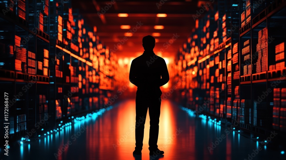 Poster warehouse operations man contemplating inventory management storage facility digital art futuristic 