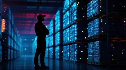 Warehouse operations employee monitoring high-tech facility visual data center industrial environment silhouette viewpoint efficiency concept