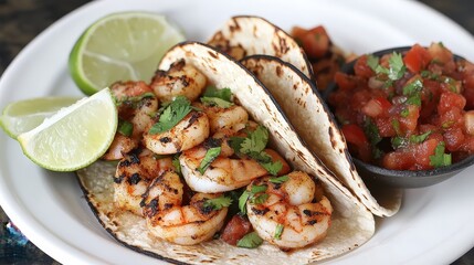 Grilled shrimp tacos with fresh salsa coastal beach food photography sunny outdoor culinary delight