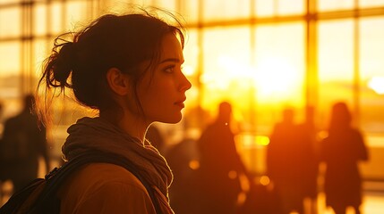 Woman silhouetted against sunset at airport terminal lifestyle calm