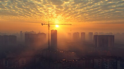 Fototapeta premium Stunning Sunrise Over Urban Landscape with Construction Crane Silhouette, Dramatic Clouds, and Dense Fog in the Cityscape at Dawn