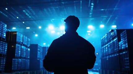 Warehouse operations under blue lighting industry worker oversight industrial environment night view efficiency concept