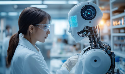 Technicians and white humanoid robots