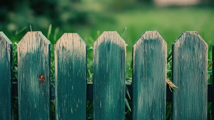 Fototapeta premium Weathered green wooden fence with peeling paint. Ideal for themes of rustic charm, nature, and boundaries.