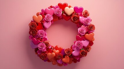 A romantic design of a wreath made of glossy hearts and roses framing bold lettering for Happy...