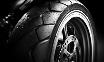 Fototapeta premium Close-up of a motorcycle tire and wheel with water droplets.