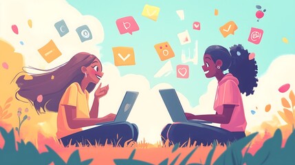 Illustration of two female friends chatting online with laptops and headphones. Internet Friends Day