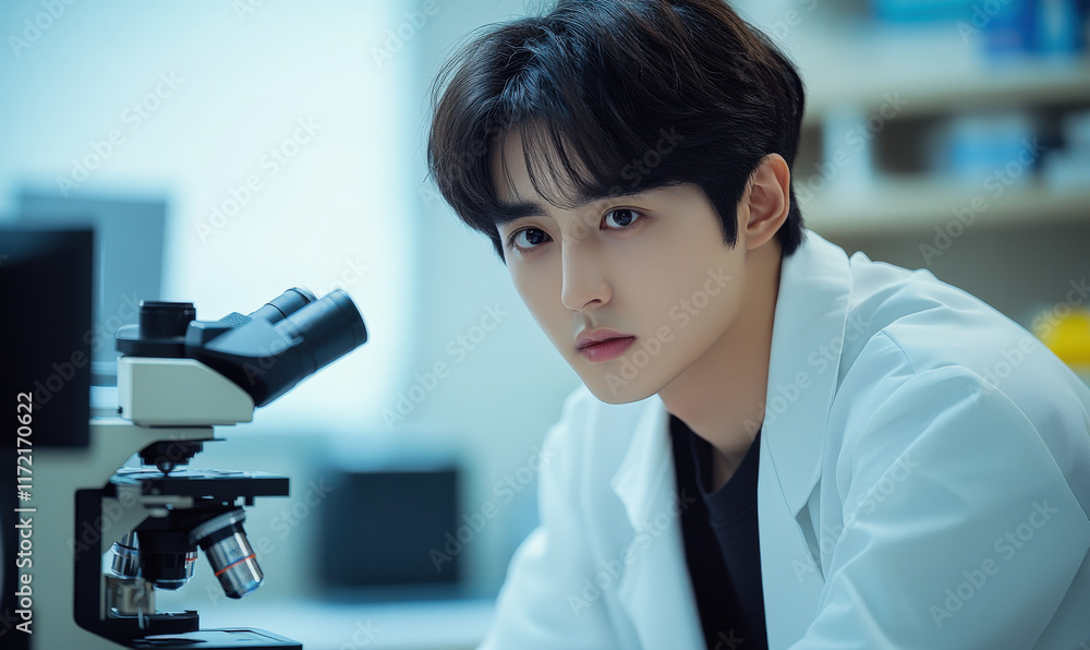 Aufkleber a young man is working in a laboratory with a microscope in front of him