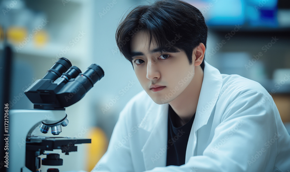 Poster a young man is working in a laboratory with a microscope in front of him