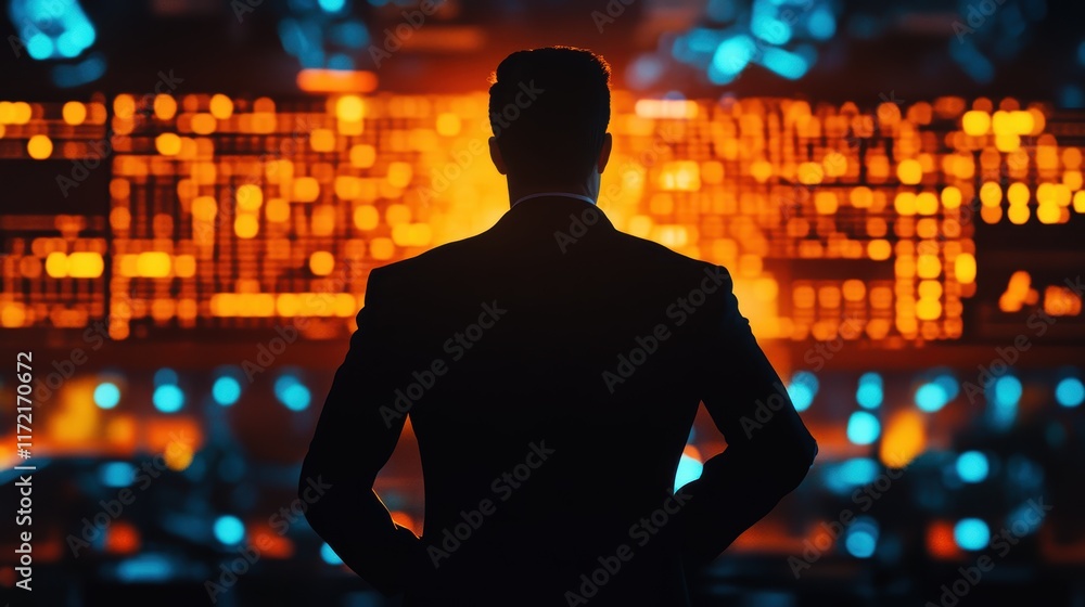 Poster business executive analyzing data trends in high-tech environment with digital displays in backgroun