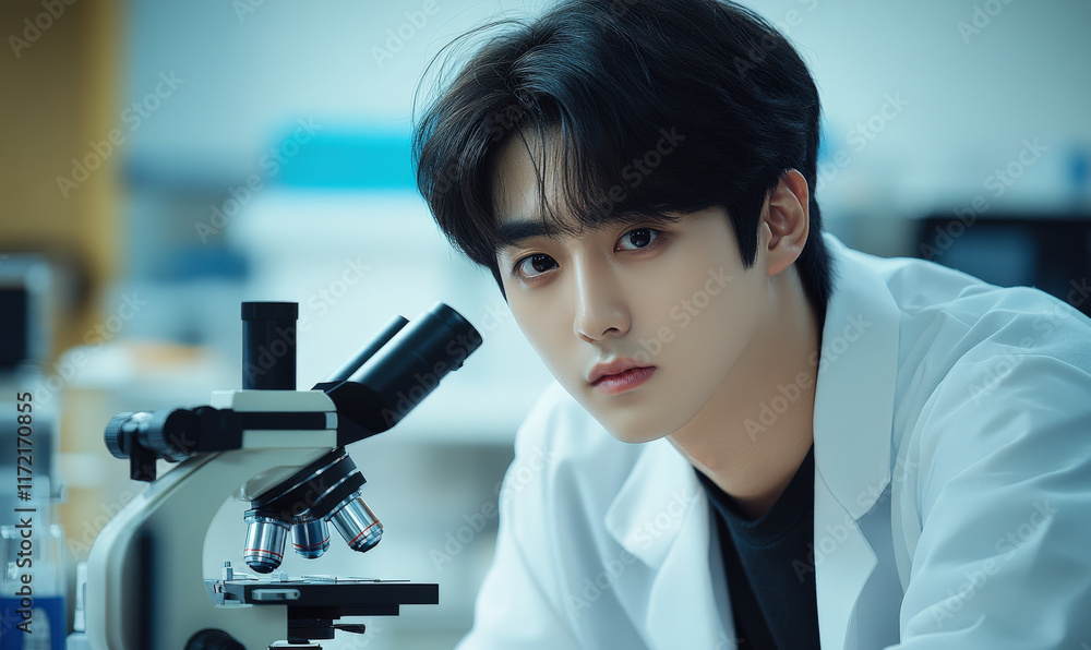 Poster a young man is working in a laboratory with a microscope in front of him