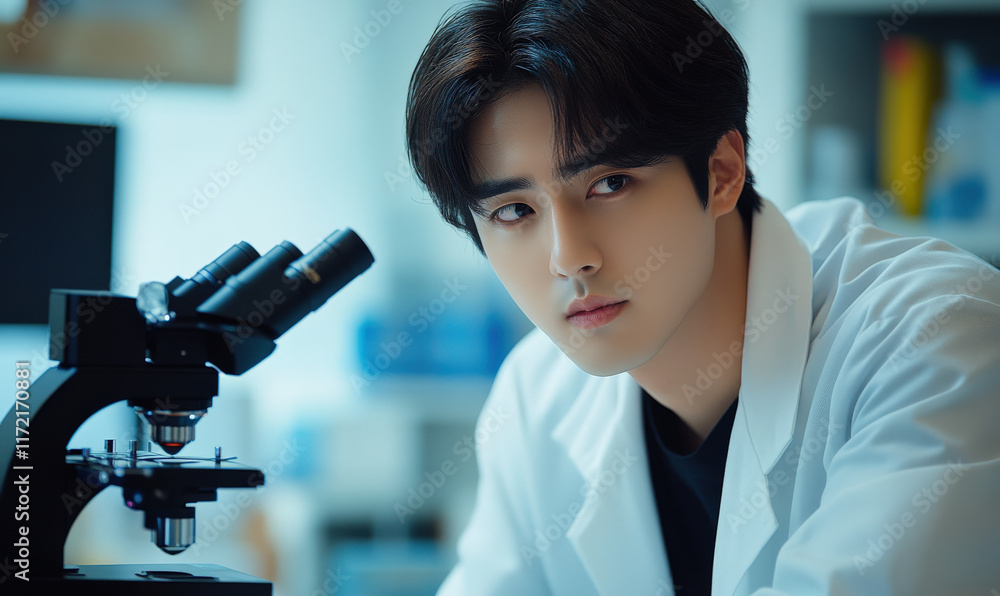 Poster a young man is working in a laboratory with a microscope in front of him