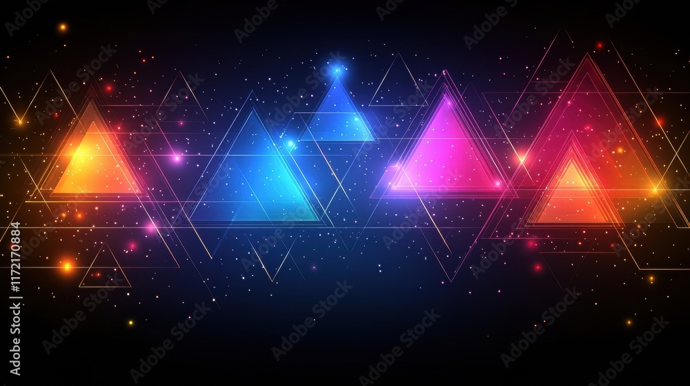 Poster vibrant neon triangles with glowing effects against a starry background in a modern abstract design 