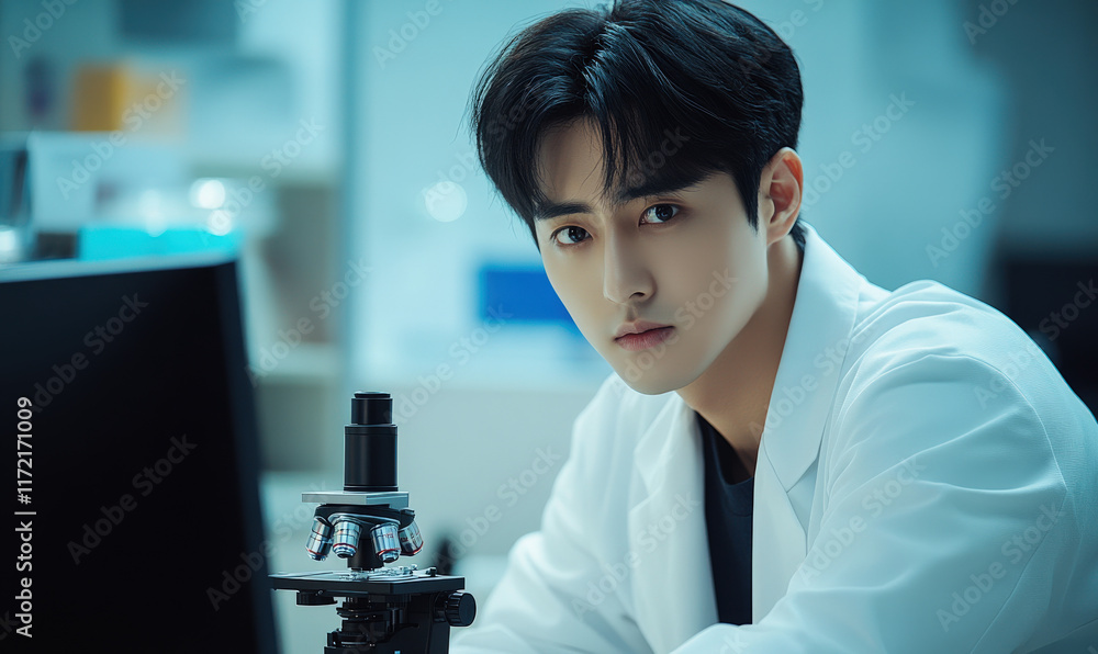Poster a young man is working in a laboratory with a microscope in front of him