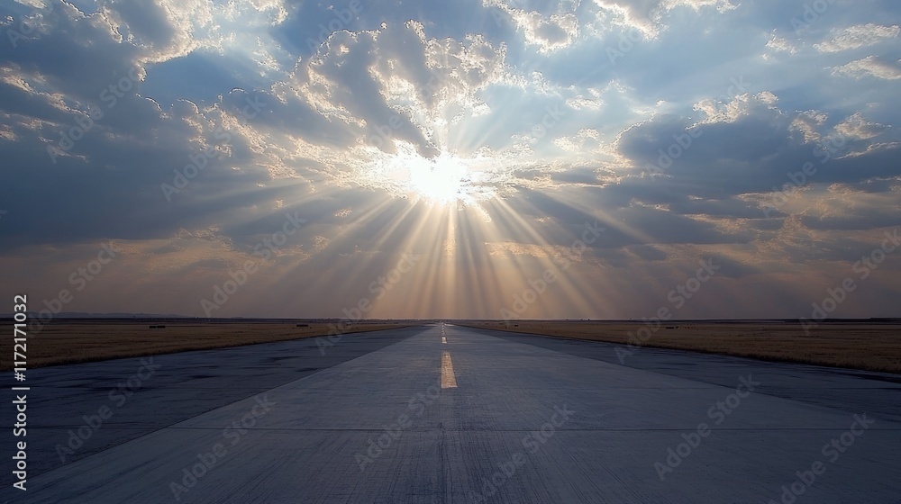 Poster a long stretch of runway illuminated by the first rays of sunlight, with soft clouds in the sky.