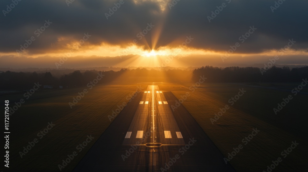Poster a long stretch of runway illuminated by the first rays of sunlight, with soft clouds in the sky.