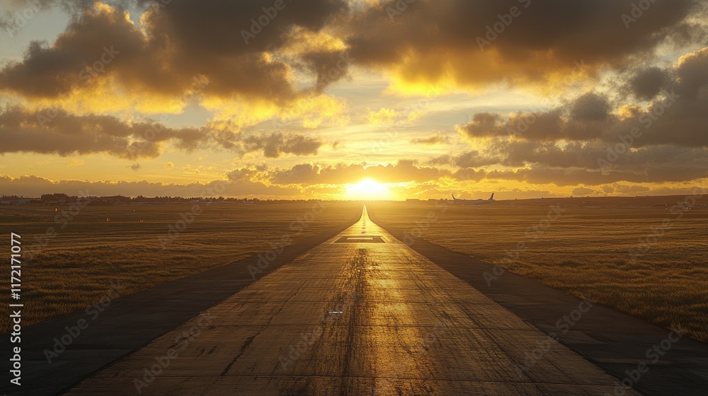 Poster a long stretch of runway illuminated by the first rays of sunlight, with soft clouds in the sky.