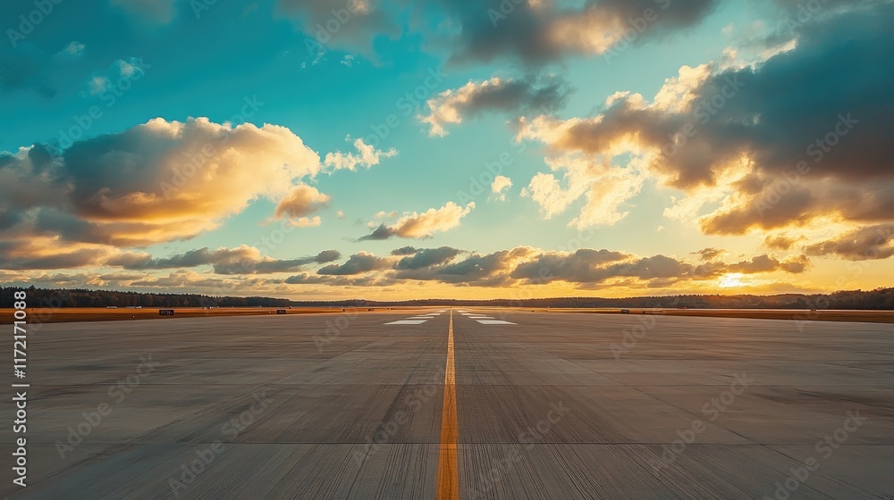 Poster a long stretch of runway illuminated by the first rays of sunlight, with soft clouds in the sky.