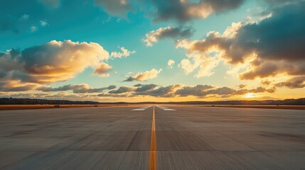 A long stretch of runway illuminated by the first rays of sunlight, with soft clouds in the sky.