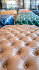 Fototapeta premium Luxurious Beige Tufted Upholstery Ottoman Close up Detail Shot