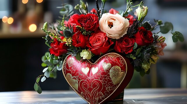A stunning Valentine's centerpiece featuring a red heart with gold designs and radiant floral arrangements