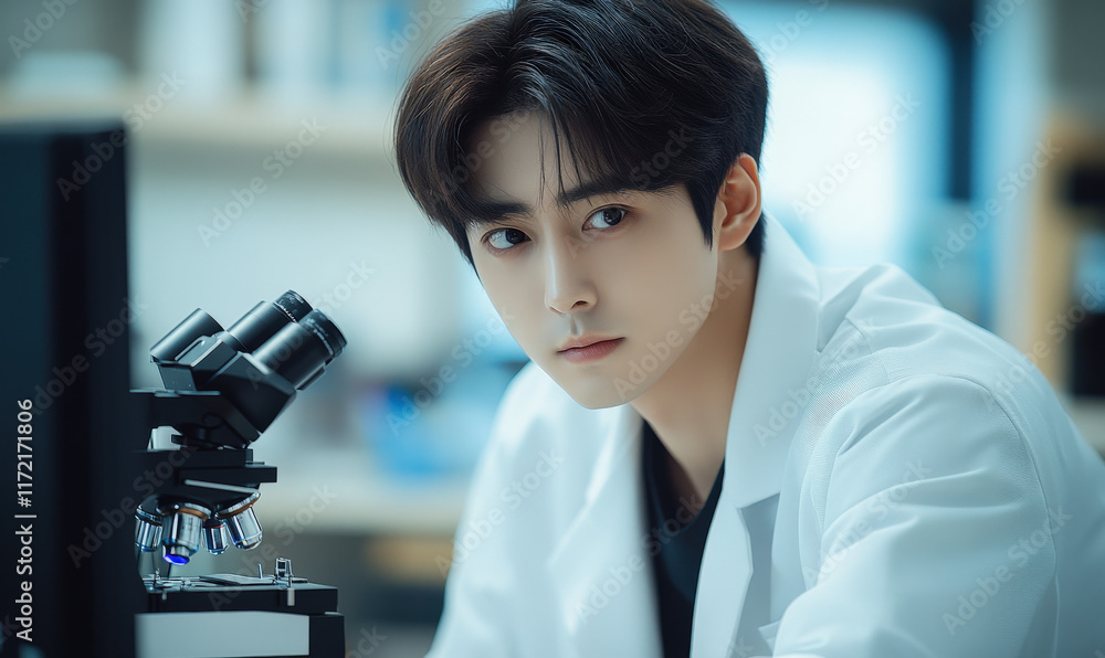 Poster a young man is working in a laboratory with a microscope in front of him