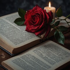 A red rose on a book beside a flickering candle.