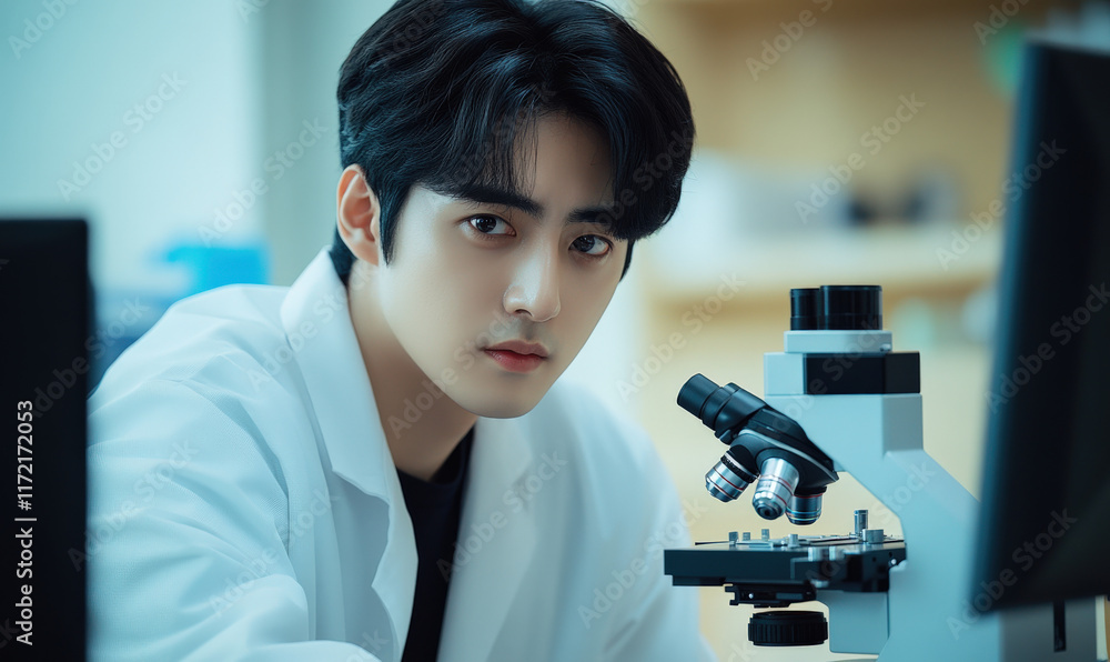 Aufkleber a young man is working in a laboratory with a microscope in front of him