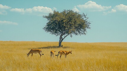Fototapeta premium Impala antelopes graze in golden savanna under a lone acacia tree.