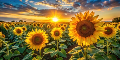 Fototapeta premium Sunlit sunflowers bloom in a picturesque summer field, capturing the golden hour's beauty.