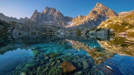Obraz premium High-end photography of a rugged mountain range with a clear blue lake at its base, reflecting the peaks