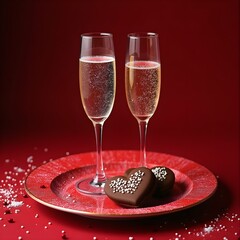 Two Fluted Glasses with Sparking Drink inside with Heart Shaped Chocolate Cookies Sprinkled with white Sprinkles on a Red Plate
