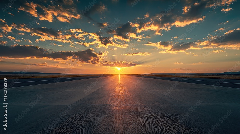 Poster a panoramic view of an empty runway basking in the golden rays of the rising sun.