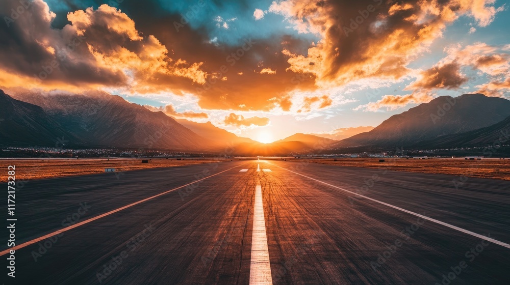 Poster a panoramic view of an empty runway basking in the golden rays of the rising sun.