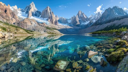 Fototapeta premium High-end photography of a rugged mountain range with a clear blue lake at its base, reflecting the peaks
