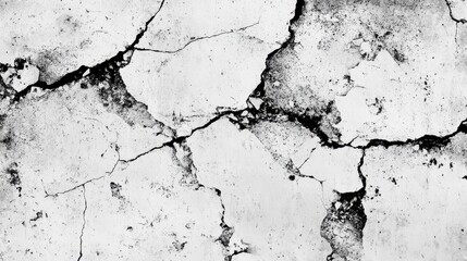 A black and white grunge texture pattern featuring cracks, chips, scuffs, dust, and stains on a transparent background, creating an abstract monochrome design.